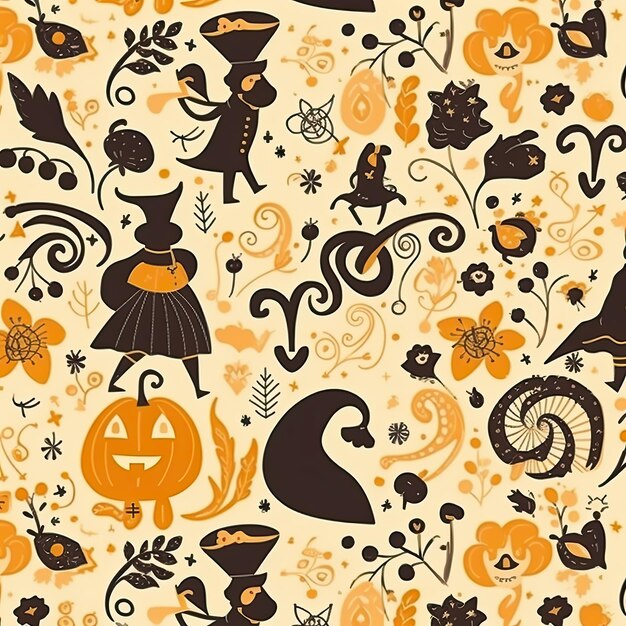 Skizzieren Sie ein nahtloses Halloween-Muster mit braunen und orangen Farben. Generative KI