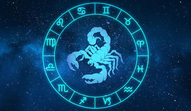 Skorpion-Horoskopzeichen im Tierkreis zwölf mit Galaxiesternen backgroundxDxA