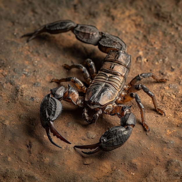 Skorpion krabbelt im Dreck auf dem Boden. Eine detaillierte Aufnahme eines tödlichen Spinnentiers in seinem natürlichen Lebensraum