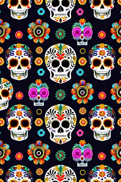 Skull mexicano Halloween Cultura tradicional Dia dos Mortos Padrões coloridos fundo AI Generative