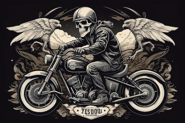 Skull Rider Illustration Vektor T-Shirt Druck Emblem Etikett oder Abzeichen Design