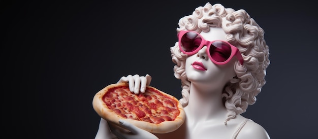Skulptur einer Frau in rosa Sonnenbrillen hält eine Pizza