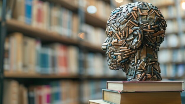 Skulptur eines Kopfes aus Büchern