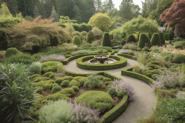 Skulpturaler Garten mit Springbrunnen mit gewundenen Wegen und farbenfrohen Bepflanzungen