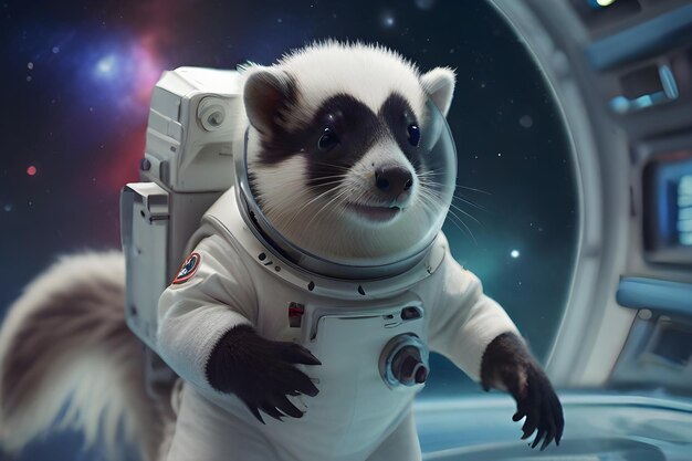 Skunk-Astronaut in einem Raumanzug mit Helm im Weltraum vor dem Hintergrund der Galaxie