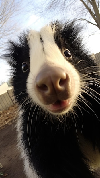 Skunk berührt die Kamera und macht ein Selfie, ein lustiges Selfie-Porträt eines Tieres