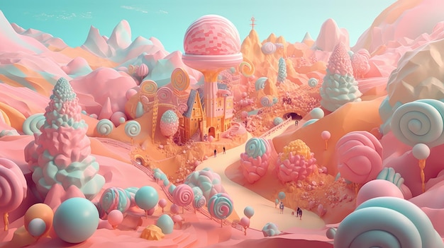 Skurrile Candyland-Illustration in Pastellfarben