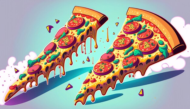 Foto skurrile freude fliegendes stück pizza cartoon-vektorillustration verlockendes fast-food-konzept