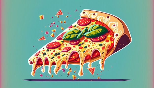 Foto skurrile freude fliegendes stück pizza cartoon-vektorillustration verlockendes fast-food-konzept