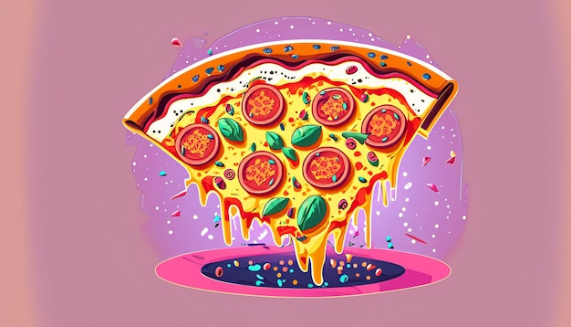 Foto skurrile freude fliegendes stück pizza cartoon-vektorillustration verlockendes fast-food-konzept