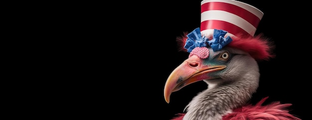 Skurriler Flamingo mit amerikanischer Flagge zur Feier des 4. Juli in einem stilvollen, generativen KI-Hintergrund auf weißem Hintergrund