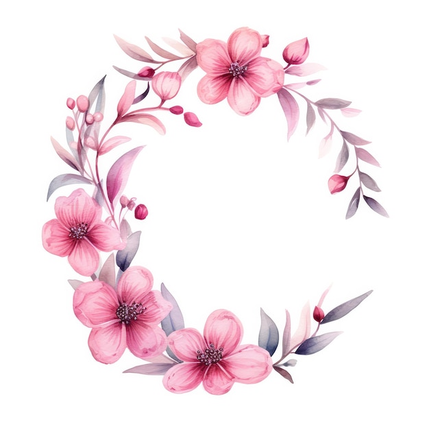 Skurriler kreisförmiger Aquarellstrauß aus rosa Blumen, eine bezaubernde Darstellung künstlerischer Eleganz
