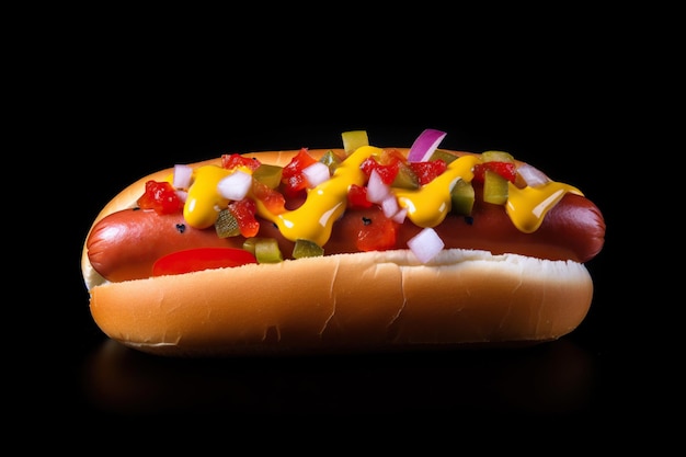 Skurriles stilisiertes Foto eines Hotdogs mit spielerisch übertriebenen Details