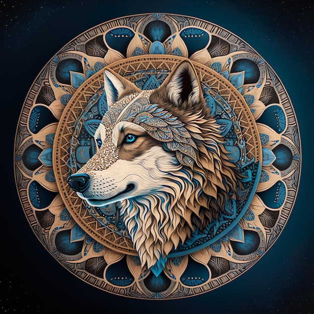 Sky Blue Wolf Mandala Uma ilustração majestosa em tom de pele