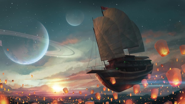 Sky Lantern Flying Ship 4K PC-Desktop