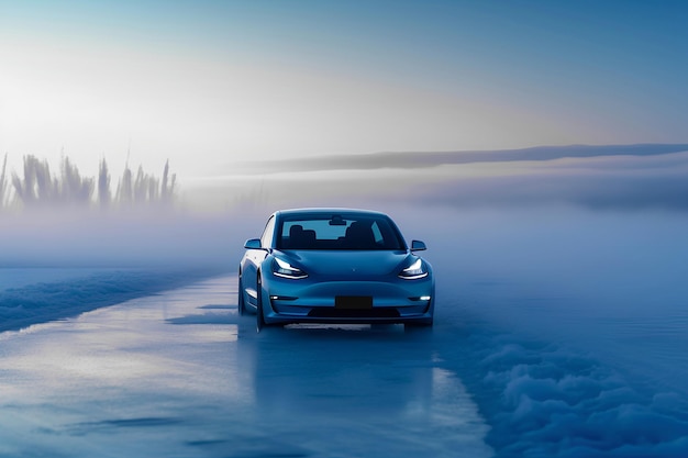 Skyblue Tesla Model 3 mitten im zugefrorenen See generative KI