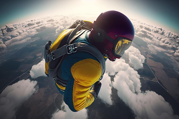 Skydiver em um macacão em queda livre acima das nuvens, Generative ai