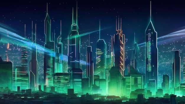 Skyline de la ciudad Cyberpunk con luz de neón verde y azul