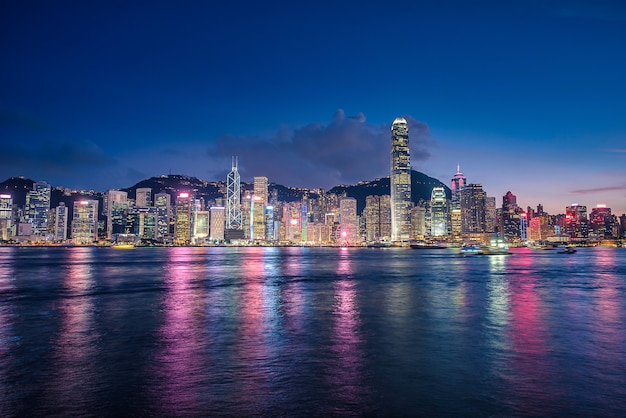 Skyline de la ciudad de Hong Kong en el crepúsculo