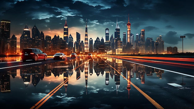 skyline de la ciudad de nueva york la ciudad del atardecer aurora vista al mar horizonte vehículo rastros de luz fondo