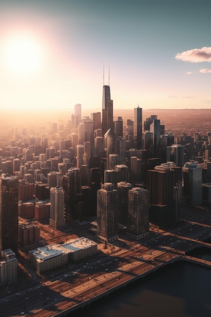 Foto skyline com edifícios modernos com sol no céu claro criado usando tecnologia generativa de ia