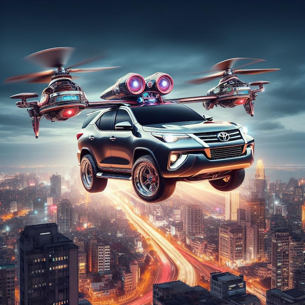 Foto skyline conqueror toyota fortuner como um carro voador um epítome de supremacia aérea