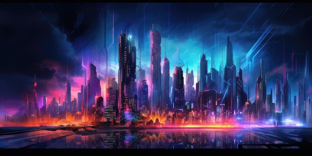 skyline da cidade cyberpunk néon em fundo escuro bela IA generativa AIG32