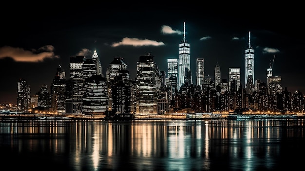 Skyline da noite de Manhattan New York City Generative AI