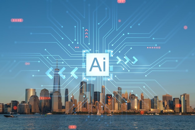 Skyline de arranha-céus do centro financeiro da cidade de Nova York ao pôr do sol Manhattan NYC EUA Vista do conceito de inteligência artificial de Nova Jersey holograma AI aprendizado de máquina robótica de rede neural