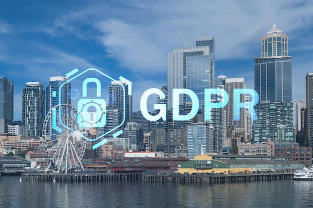 Skyline de Seattle com vista à beira-mar Arranha-céus do centro financeiro durante o dia Washington EUA Conceito de holograma GDPR de regulamentação de proteção de dados e privacidade para todos os indivíduos