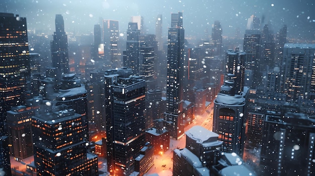 Skyline der Stadt im Schnee von oben