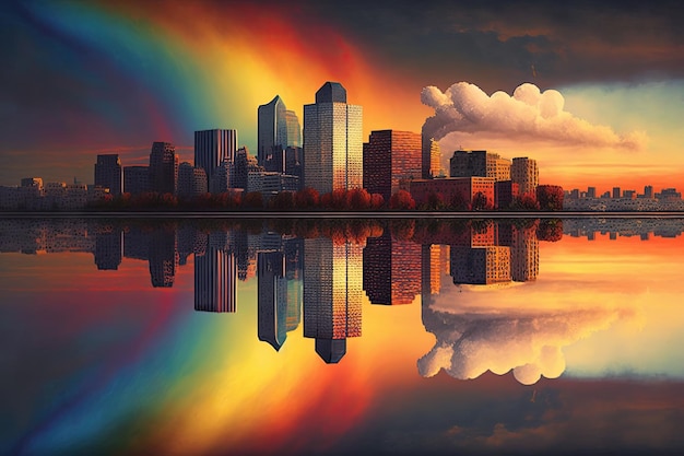 Skyline der Stadt mit Regenbogen, der sich bei Sonnenuntergang von den Glasgebäuden spiegelt