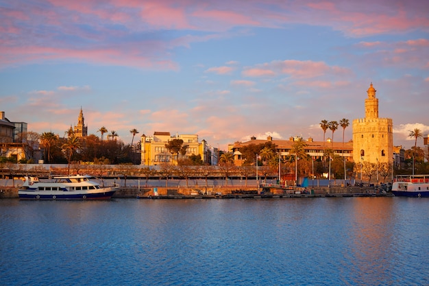 Skyline do sol de Sevilha torre del Oro e Giralda