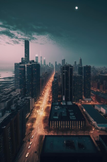 Skyline con edificios modernos con luna llena en la noche creados con tecnología generativa ai