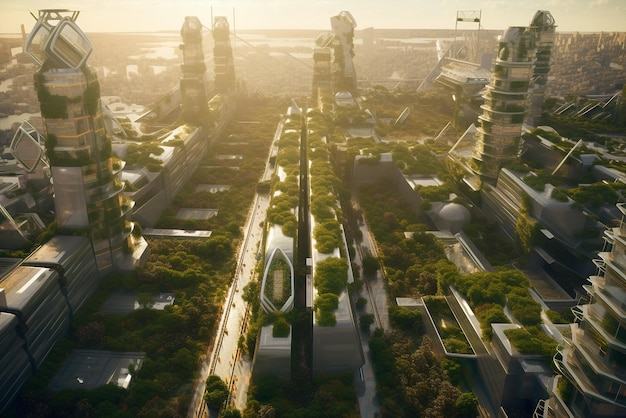 Skyline futurista da cidade generativa com foco na sustentabilidade