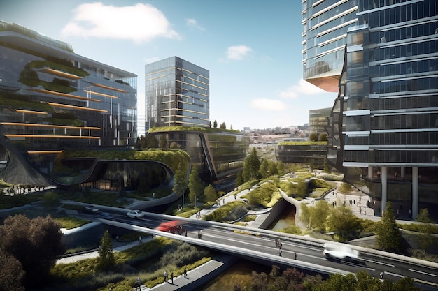 Skyline futurista da cidade generativa com foco na sustentabilidade