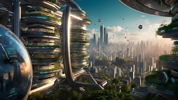 Skyline futurista da cidade generativa com foco na sustentabilidade