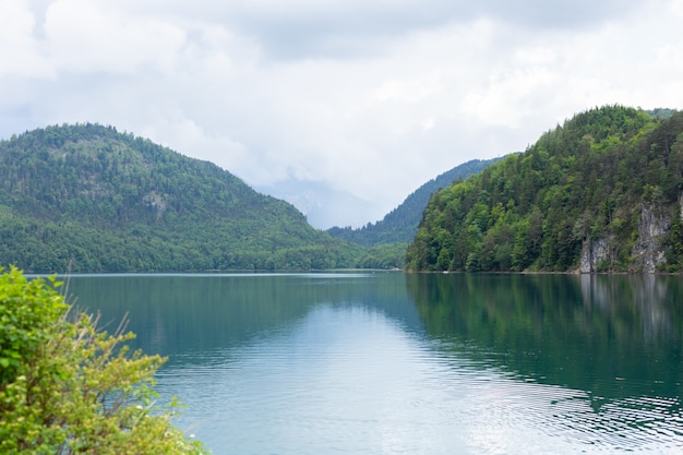 Skyline del lago Alpsee rodeado de montañas de los Alpes