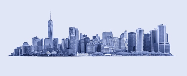 Skyline-Panorama des Finanzviertels der Innenstadt und des unteren Manhattan in New York City, USA-Blau