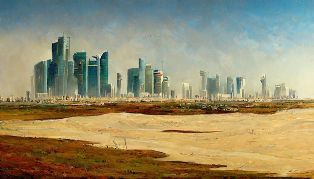 Skyline de QatarCiudad de Qatar en la ilustración de pintura del desierto