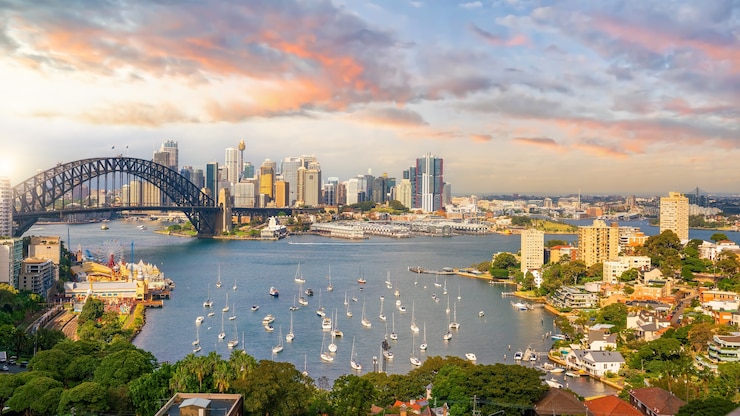 Foto skyline-stadtbild der innenstadt von sydney in australien bei sonnenuntergang