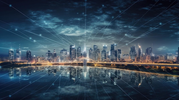 Skyline urbano moderno com dados de alta velocidade com Generative AI Technology