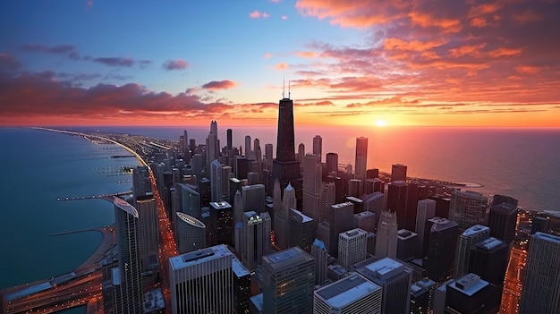 Skyline von Chicago bei Sonnenuntergang mit Wolkenkratzern und Lake Michigan USA Generative KI