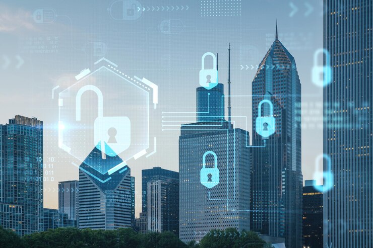 Skyline von Chicago vom Butler Field bis zu den Wolkenkratzern des Finanzviertels bei Sonnenuntergang Illinois USA Parks und Gärten Das Konzept der Cybersicherheit zum Schutz vertraulicher Informationen von Unternehmen Hologramm
