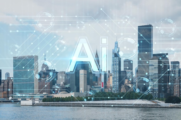 Skyline von New York City Hauptquartier der Vereinten Nationen über dem East River Manhattan Midtown tagsüber NYC USA Künstliche Intelligenz Konzept Hologramm AI maschinelles Lernen neuronale Netzwerkrobotik