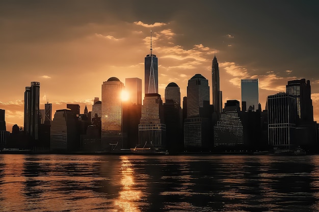 Skyline von New York City mit Wolkenkratzern bei Sonnenuntergang AI