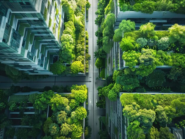 Foto skylines de cidades verdes com espaços verdes e jardins no telhado