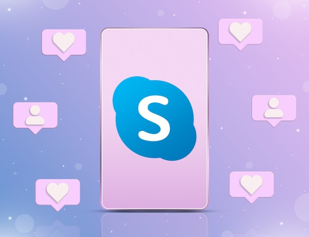 Foto skype-logo auf dem telefonbildschirm mit benachrichtigungssymbolen für neue likes und follower rund um 3d