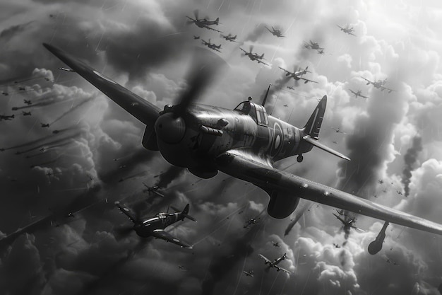 Skys Fury La Batalla de Gran Bretaña en la Segunda Guerra Mundial Una imagen realista de combate aéreo en blanco y negro