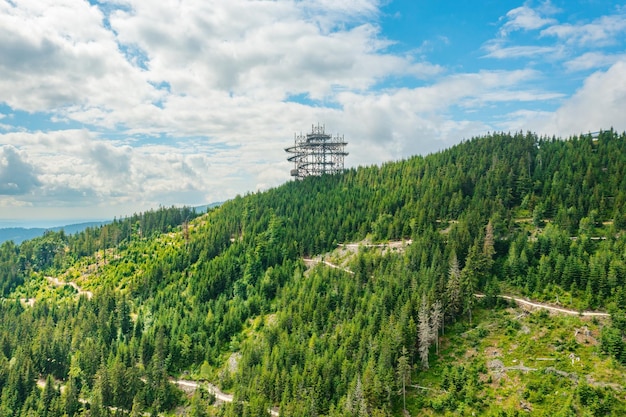 Skywalk-Aussichtsturm im Wald zwischen Berghügeln in der Nähe der Sky Bridge 721